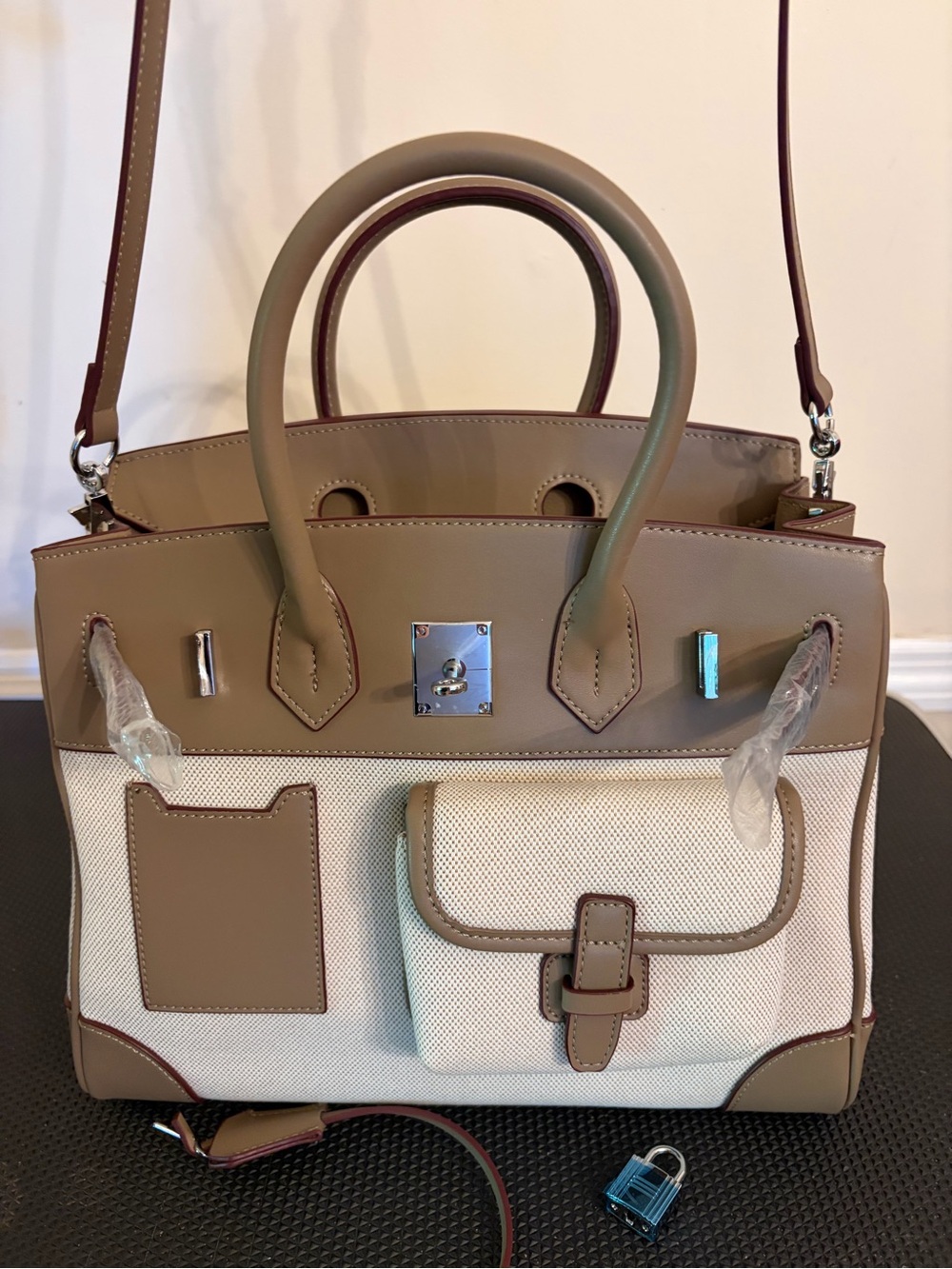 30cm Taupe and Cream Structured Canvas Tote Bag with Top Handles - Picture 11 of 13